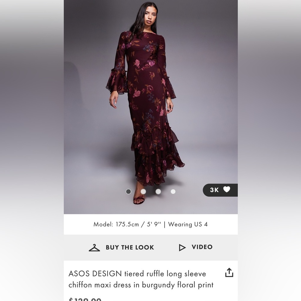 ASOS Burgundy Floral Tiered Ruffle Long Sleeve Maxi Dress EUC
